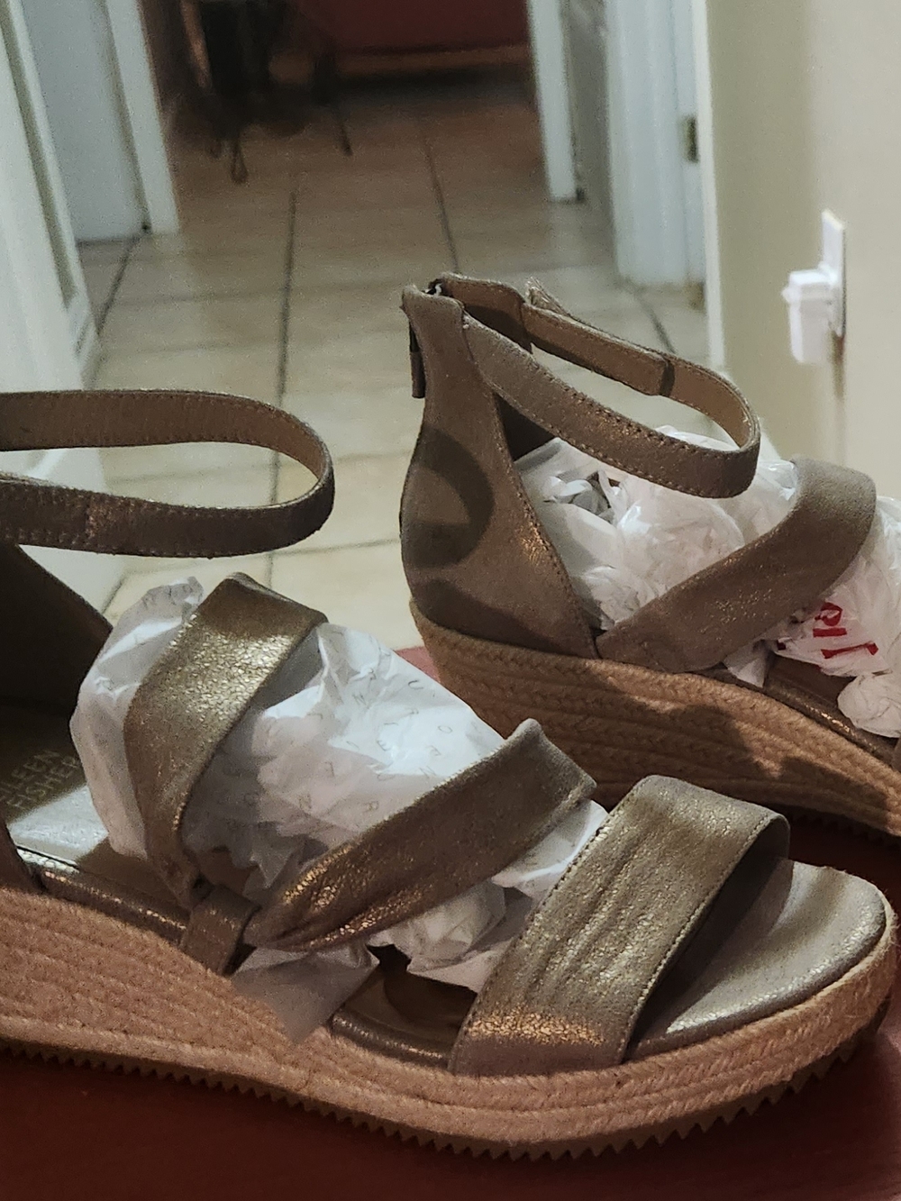 Eileen Fisher Metallic Bronze Wedge Espadrille Sandals